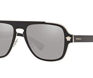 Versace Man Sunglasses Black Frame, Light Grey Mirror Silver Lenses, 56MM