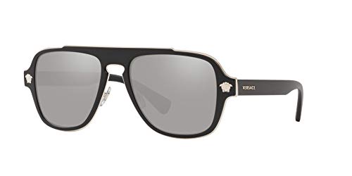 Versace Man Sunglasses Black Frame, Light Grey Mirror Silver Lenses, 56MM