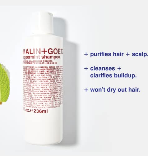 Malin + Goetz peppermint shampoo ‚Äì clarifying, natural unisex shampooto cleanse & hydrate. scalp treatment nourishes & restores healthy texture for all hair types. vegan and cruelty-free, 8 Fl oz