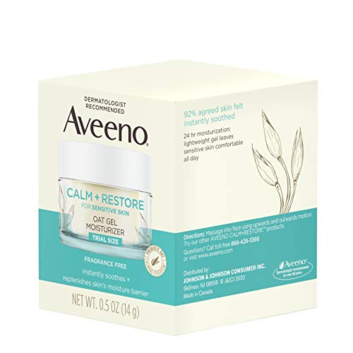 Aveeno Calm + Restore Oat Gel Facial Moisturizer for Sensitive Skin, Lightweight Gel Cream Face Moisturizer with Prebiotic Oat & Feverfew, Hypoallergenic, Fragrance- & Paraben-Free, 0.5 oz (Pack of 5)