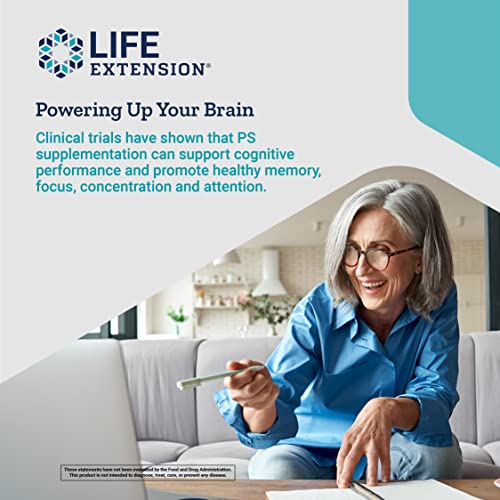 Life Extension PS Caps 100mg - Phosphatidylserine Supplement for Brain health - Healthy Cognitive Function, Memory, Focus, Concentration Support - Non-GMO, Gluten-Free, Vegetarian - 100 Capsules