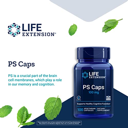 Life Extension PS Caps 100mg - Phosphatidylserine Supplement for Brain health - Healthy Cognitive Function, Memory, Focus, Concentration Support - Non-GMO, Gluten-Free, Vegetarian - 100 Capsules