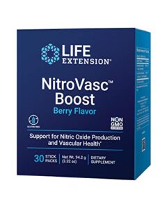 life extension nitrovasc boost – circulatory health supplement for men – arginine & aronia for nitric oxide production support & heart health – berry flavor, gluten-free, non-gmo – 30 stick packs