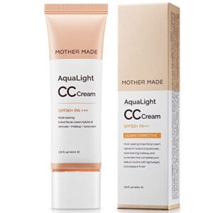 mother made korean cc cream for face – sunscreen spf 50 pa+++, fair to light skin tone, 1.35 fl.oz | color correcting matte finish tinted moisturizer, primer, buildable coverage foundation