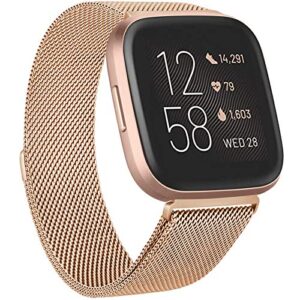 meliya metal bands for fitbit versa 2 & fitbit versa & versa lite & versa se bands, stainless steel magnetic lock replacement wristbands for women men small large (small, rose gold)