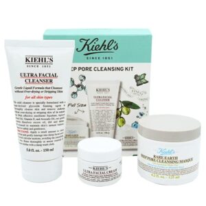 kiehl’s deep pore cleansing kit:: ultra facial cleanser wash, deep pore cleansing mask, ultra facial cream – face skin care routine set for oily, dull, acne prone skin