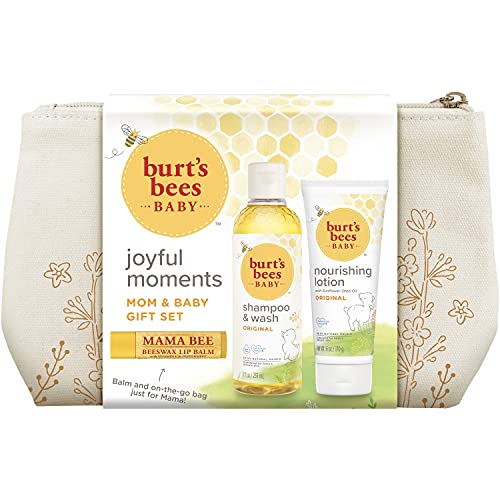 Burt's Bees Baby & Mom Gift Set Joyful Moments with 3 Gentle Skin and Hair Care Products: Baby Shampoo and Wash, Baby Lotion, and Moms Bees Beeswax Natural Lip Balm