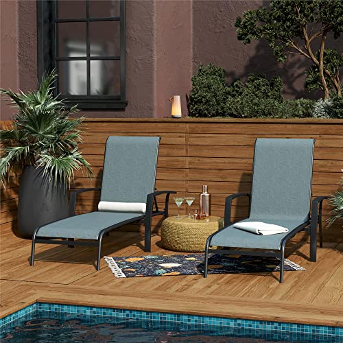 Cosco Outdoor Adjustable Aluminum Chaise Lounge Patio Furniture Set, 2-Pack, Black and Blue