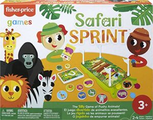 safari sprint fisher-price kids pre-school game with jungle-themed track, hedgehog pieces and cards with african animal facts, 2 to 4 players, gift for ages 3 years & older