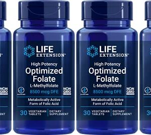 Life Extension High Potency Optimized Folate 8500 mcg DFE, 30 Vegetarian Tablets (Pack of 4)