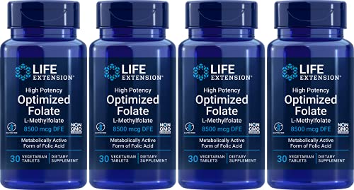 Life Extension High Potency Optimized Folate 8500 mcg DFE, 30 Vegetarian Tablets (Pack of 4)