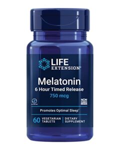 life extension melatonin 750 mcg 6 hour timed release – sleep & cellular health support in a gradual-release formula – melatonin supplement – gluten-free, non-gmo – 60 vegetarian tablets