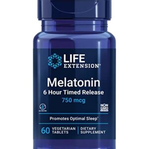 Life Extension Melatonin 750 mcg 6 Hour Timed Release - Sleep & Cellular Health Support in a Gradual-Release Formula – Melatonin Supplement - Gluten-Free, Non-GMO - 60 Vegetarian Tablets