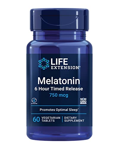 Life Extension Melatonin 750 mcg 6 Hour Timed Release - Sleep & Cellular Health Support in a Gradual-Release Formula – Melatonin Supplement - Gluten-Free, Non-GMO - 60 Vegetarian Tablets