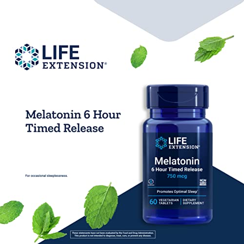 Life Extension Melatonin 750 mcg 6 Hour Timed Release - Sleep & Cellular Health Support in a Gradual-Release Formula – Melatonin Supplement - Gluten-Free, Non-GMO - 60 Vegetarian Tablets