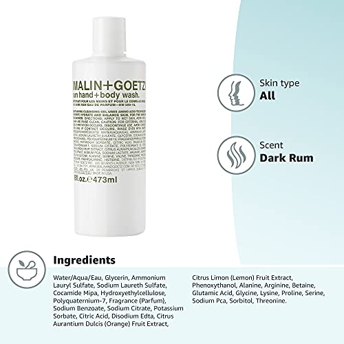 Malin + Goetz Rum Hand + Body Wash — cleansing, purifying, hydrating women and men’s , all skin types, dry, sensitive. No stripping or irritation. Cruelty-free and vegan 16 Fl oz