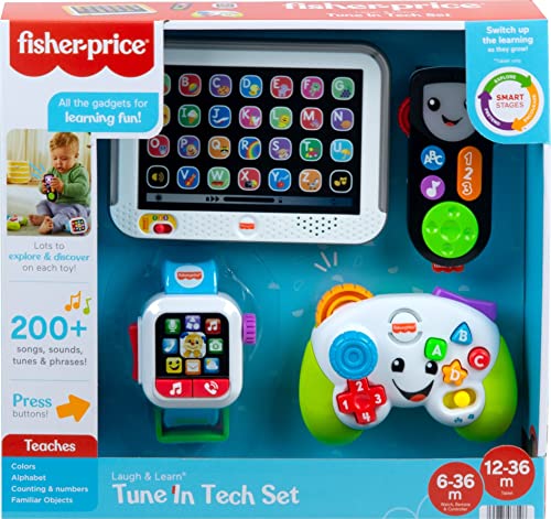 Fisher-Price Laugh & Learn Baby Learning Toys Tune In Tech Gift Set of 4 Interactive Pretend Play Toys for Ages 6+ Months [Amazon Exclusive]