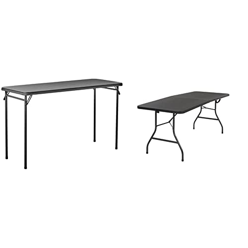 COSCO 20" x 48" Vinyl Top Folding Table & 6 Foot x 30 inch Fold-in-Half Blow Molded Folding Table, Black