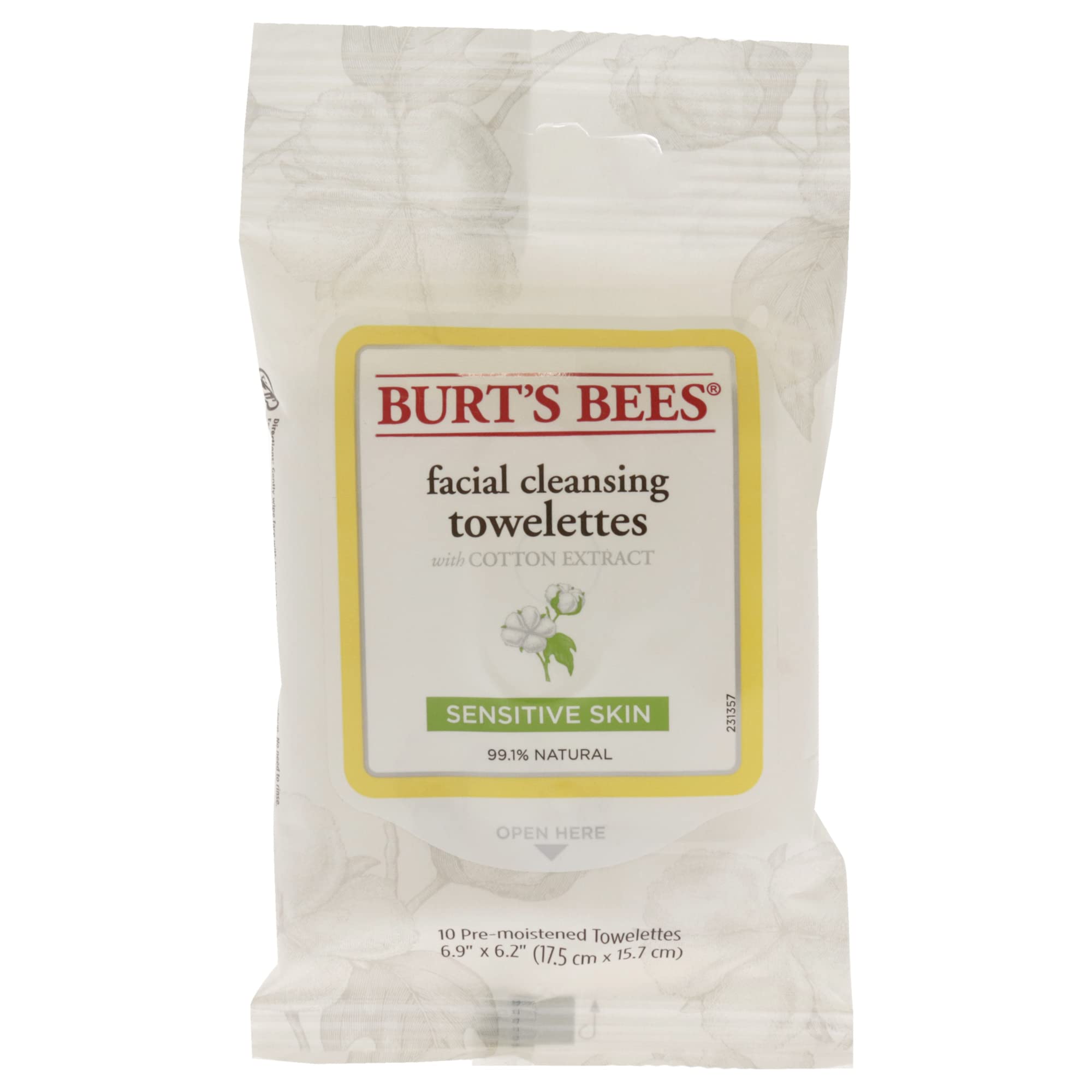 Burt's Bees Facial Cleansing Towelette Wipes for Sensitive Skin with Cotton Extract, 30 Count (Package May Vary)