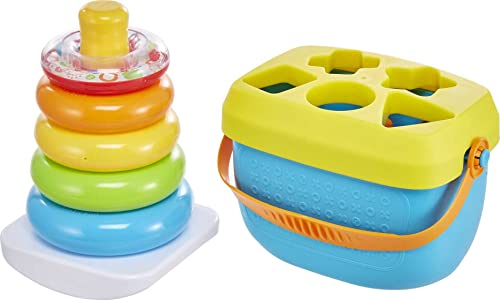 Fisher-Price Laugh & Learn Baby Walker and Musical Learning Toy with Smart Stages Educational Content & Baby Toy Gift Set with Rock-a-Stack Ring Stacking Toy and Baby’s First Blocks Set