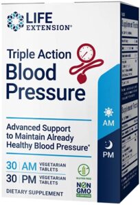 life extension triple action healthy blood pressure support, flavonoid, quercetin, gluten-free, vegetarian, non-gmo, am & pm tablets, 60 count