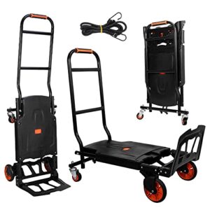 folding hand truck and dolly cart heavy duty 400 lbs capacity,2 in 1 one-button folding portable flatbed,moving dolly with bungee cord for transport,luggage handling