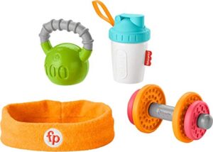fisher price teething & rattle toys baby biceps gift set, gym-themed for infant fine motor & sensory play, 4 pieces