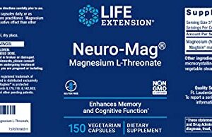 Life Extension Neuro-Mag Magnesium L-Threonate, 150 Veg Caps, Magtein Supplement for Women and Men