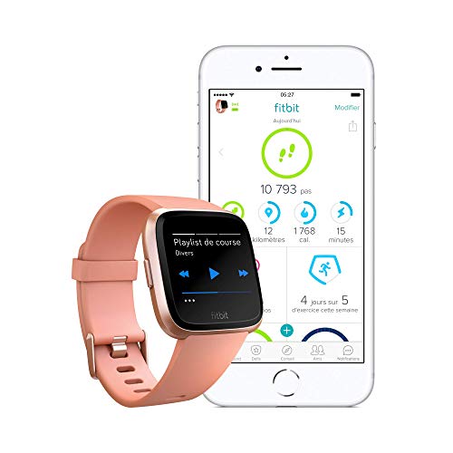 Fitbit Versa Smart Watch, Peach/Rose Gold Aluminium, One Size (S & L Bands Included) (Renewed)