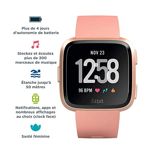 Fitbit Versa Smart Watch, Peach/Rose Gold Aluminium, One Size (S & L Bands Included) (Renewed)