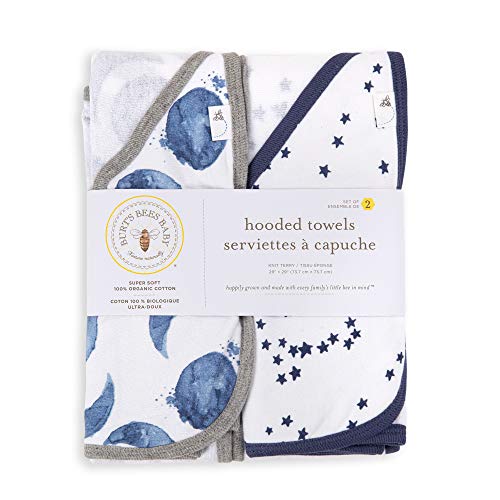 Burt's Bees Baby - Hooded Towels, Absorbent Knit Terry, Super Soft Single Ply, 100% Organic Cotton (Hello Moon!, 2-Pack)