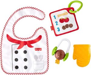 fisher-price cutest chef gift set, 4 cooking-themed baby toys with wearable bib and teether for babies ages 3 months and older