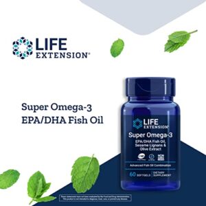 Life Extension Super Omega-3 EPA, DHA Fish Oil, Sesame Lignans & Olive Extract - IFOS Certified Omega3 Wild Fish Oil Supplement - for Heart and Brain Health - Gluten-Free, Non-GMO - 60 Softgels