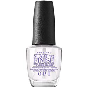 opi start to finish, 3-in-1 treatment, base coat, top coat, nail strengthener, vitamin a & e, vegan formula, long lasting shine, up to 7 days of wear as top coat, clear, 0.5 fl oz