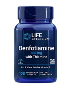 life extension benfotiamine with thiamine, 100 mg – water & fat soluble vitamin b1 supplement for glucose blood sugar level and nerve health support – gluten-free, non-gmo, vegetarian – 120 capsules