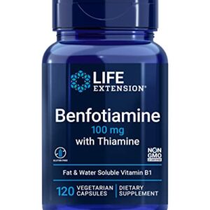 Life Extension Benfotiamine with Thiamine, 100 mg - Water & Fat Soluble Vitamin B1 Supplement For Glucose Blood Sugar Level and Nerve Health Support - Gluten-Free, Non-GMO, Vegetarian - 120 Capsules