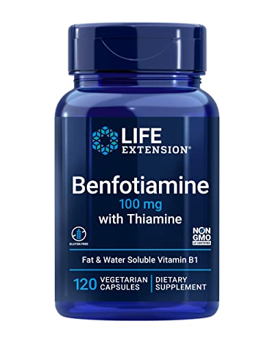 Life Extension Benfotiamine with Thiamine, 100 mg - Water & Fat Soluble Vitamin B1 Supplement For Glucose Blood Sugar Level and Nerve Health Support - Gluten-Free, Non-GMO, Vegetarian - 120 Capsules