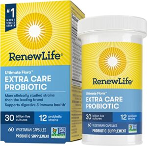 renew life adult probiotics, 30 billion cfu guaranteed, probiotic supplement for digestive & immune health, shelf stable, gluten free, extra care, for men & women, 60 capsules