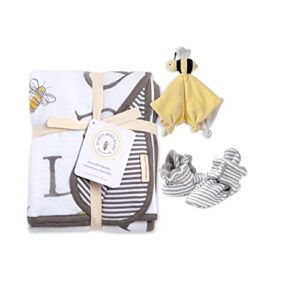 burt’s bees baby unisex baby gift set – reversible jersey blanket, adjustable infant booties & plush toy, 100% organic cotton essentials bundle