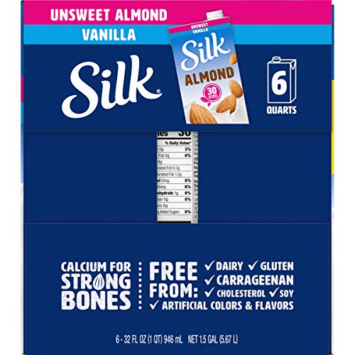 Silk Shelf-Stable Almond Milk, Unsweetened Vanilla, Dairy-Free, Vegan, Non-GMO Project Verified, 1 Quart (Pack of 6)