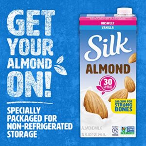 Silk Shelf-Stable Almond Milk, Unsweetened Vanilla, Dairy-Free, Vegan, Non-GMO Project Verified, 1 Quart (Pack of 6)