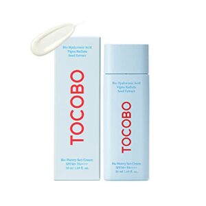 [tocobo] bio watery sun cream spf50+ pa++++ 1.69 fl oz / 50ml | watery texture, soft finish, powerful uv protection, natural ingredients, hyaluronic acid, moisturizing, elasticity | ewg green + peg free, korean vegan sunscreen for face