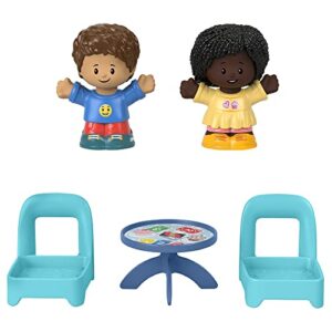 f-price fisher-price little people card game figure set – hhr45 ~ includes 2 little people figures, 2 chairs and a table with card game and cupcake graphics, blue, yellow, red
