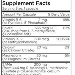 Metabolic Maintenance Same + Cofactors - Contains Calcium, Magnesium + Folate to Support Mood, Joint, & Brain Health - SAM-E Supplement with B Vitamins for Daily Use (60 Capsules)