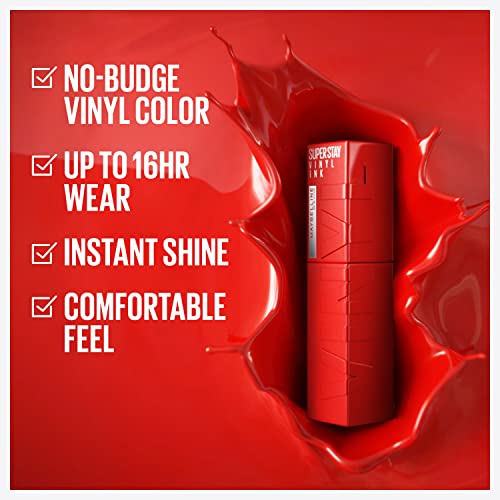 Maybelline Super Stay Vinyl Ink Longwear No-Budge Liquid Lipcolor, Highly Pigmented Color and Instant Shine, Red-Hot, Fire Engine Red Lipstick, 0.14 fl oz, 1 Count