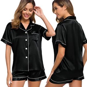 SWOMOG Womens Silk Satin Pajamas Set Two-piece Pj Sets Sleepwear Loungewear Button-Down Pj Sets Black