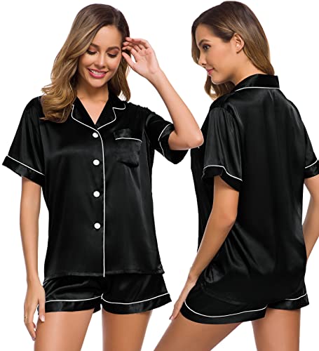 SWOMOG Womens Silk Satin Pajamas Set Two-piece Pj Sets Sleepwear Loungewear Button-Down Pj Sets Black