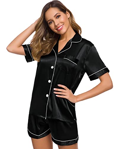 SWOMOG Womens Silk Satin Pajamas Set Two-piece Pj Sets Sleepwear Loungewear Button-Down Pj Sets Black