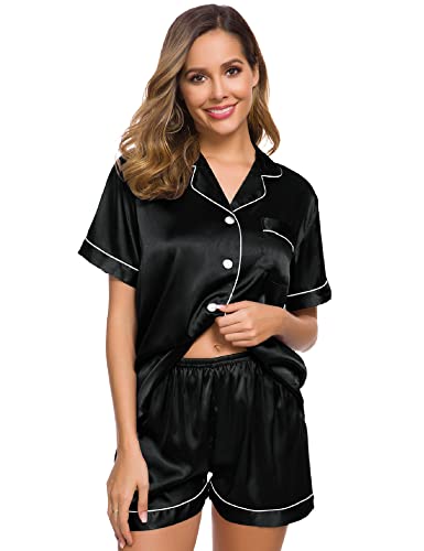 SWOMOG Womens Silk Satin Pajamas Set Two-piece Pj Sets Sleepwear Loungewear Button-Down Pj Sets Black