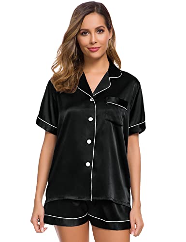 SWOMOG Womens Silk Satin Pajamas Set Two-piece Pj Sets Sleepwear Loungewear Button-Down Pj Sets Black